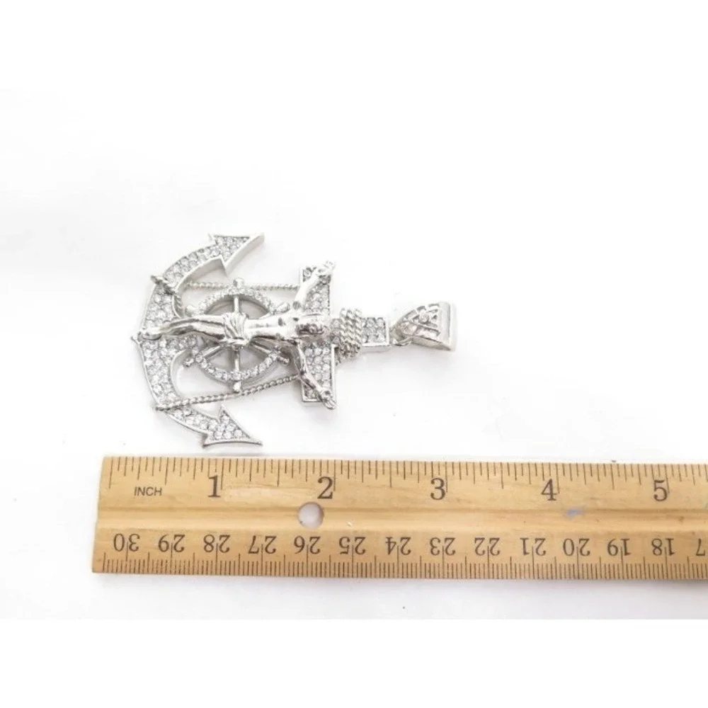 SILVER TONE RHINESTONE ANCHOR CRUCIFIX JESUS PENDANT NAUTICAL SHIP WHEEL‎ BLING
